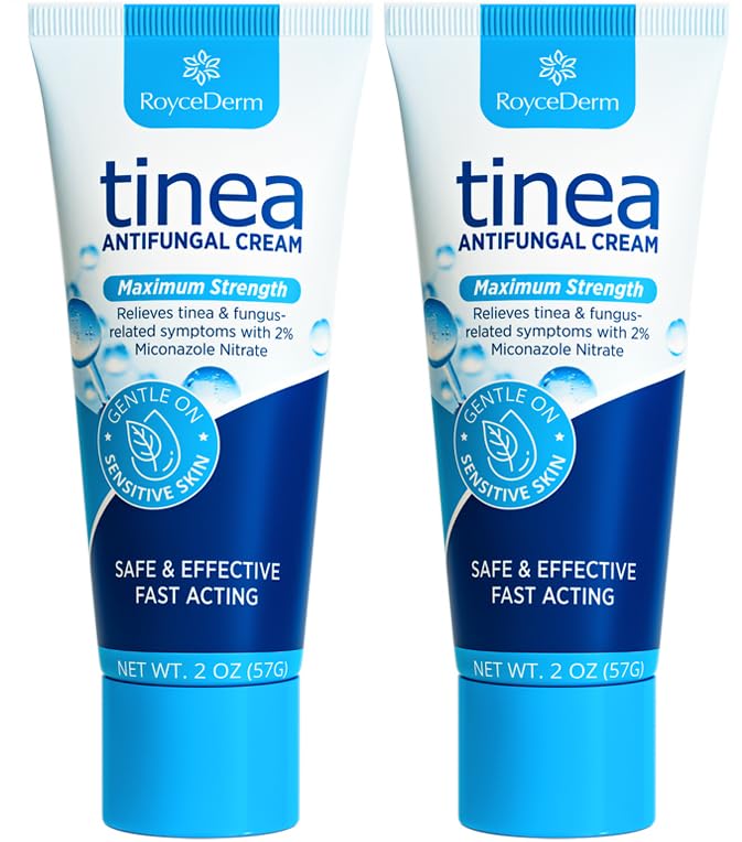 Roycederm tinea treatment bottle pour demonstrates easy application and on-skin relief
