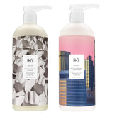 R+Co Dallas Biotin Thickening Shampoo bottle pouring for added volume