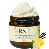 R&R Collective Lemon Cupcake tallow balm jar shows creamy texture for daily hydration.