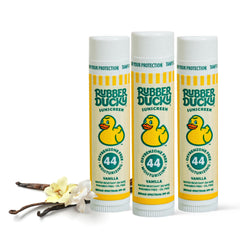 Rubber Ducky SPF 44 lip balm tube front view for sun protection.