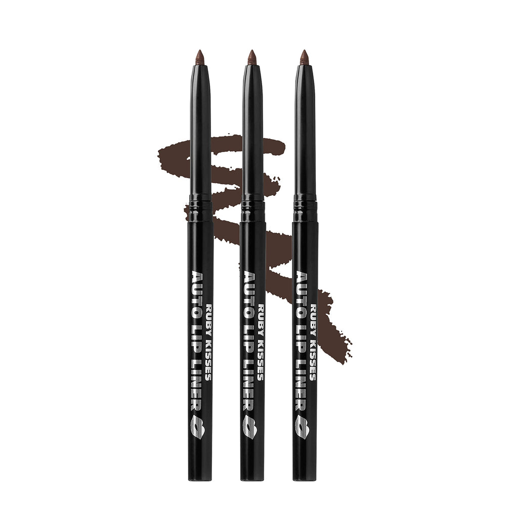 Ruby Kisses Auto Lip Liner Pencil in dark brown defines lips with a smooth, lasting line.