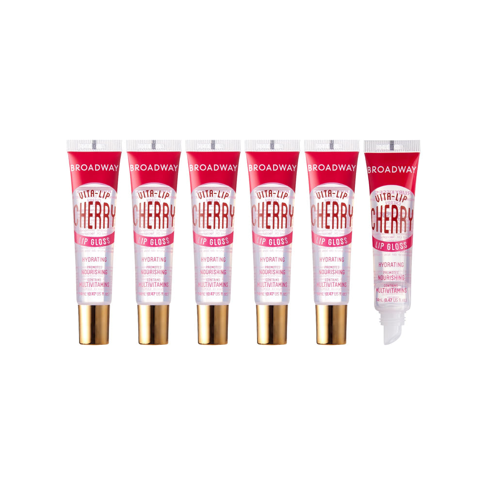 Ruby Kisses Broadway Vita-Lip Cherry gloss bottle showcases rich shine and hydration.