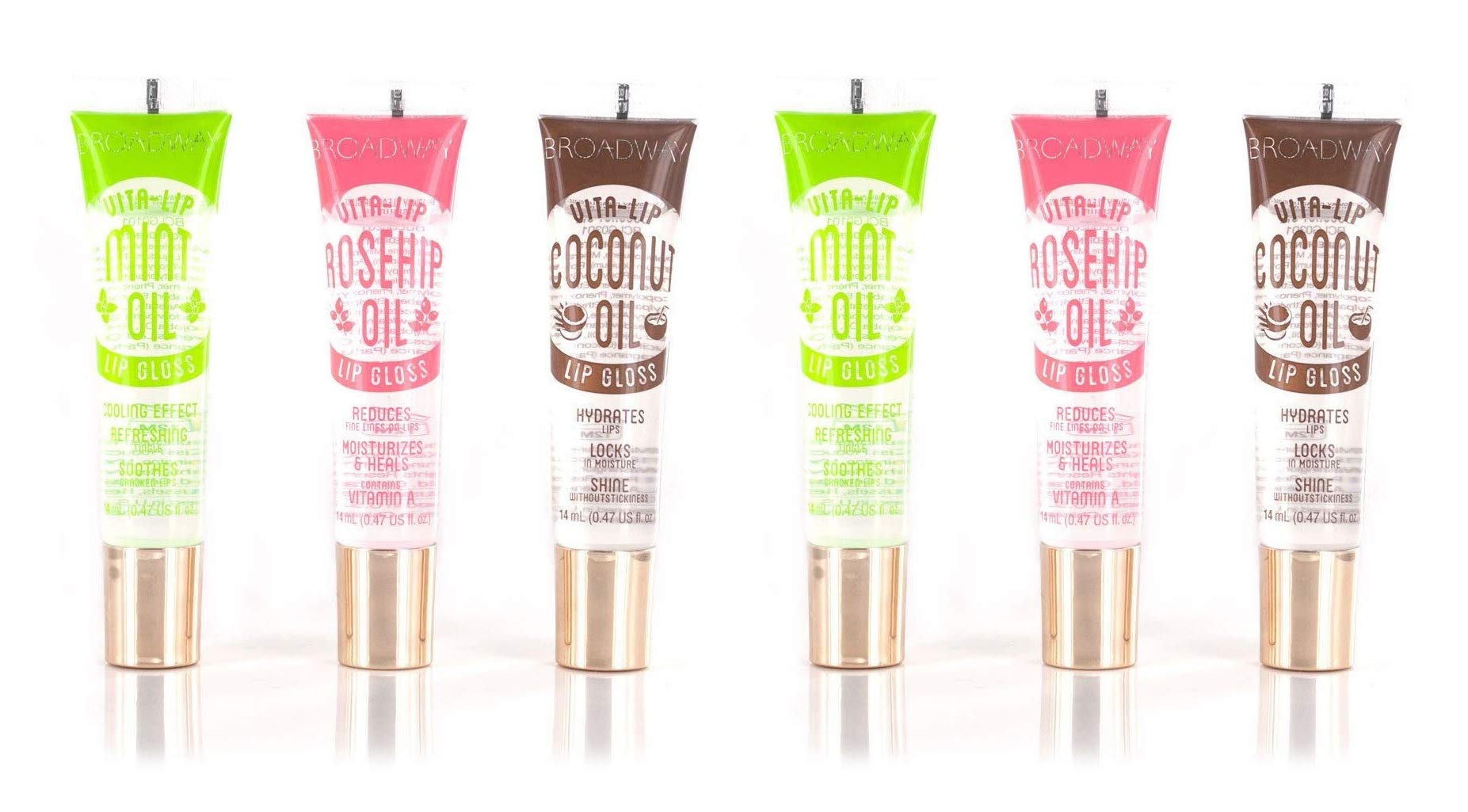 Ruby Kisses Broadway Vita-Lip Gloss ensemble 6 pièces, hydratation durable et brillance.