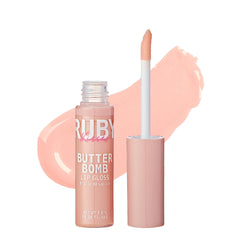 Ruby Kisses Butter Bomb Gloss Natural Nude swatch highlights silky, non-sticky shine.