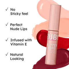 Ruby Kisses Butter Bomb Gloss on lips delivers creamy, kissable sheen.
