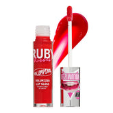 Ruby Kisses plumping lip gloss tube Kiss Red showing full, hydrated lips