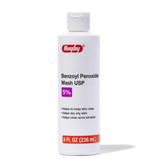 Rugby Benzoyl Peroxide Wash 5% bottle for clear skin and simple cleansing.