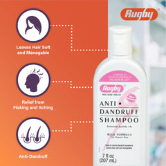Rugby Selenium Sulfide 1% label highlights targeted relief for flaking and itching.
