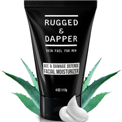 RUGGED & DAPPER Age Defense bottle closeup showing hydrating care for men
