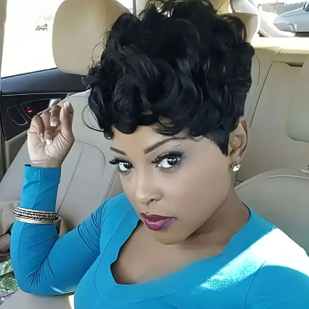 RUISENNA short pixie wig curly front view shows natural styling for daily wear