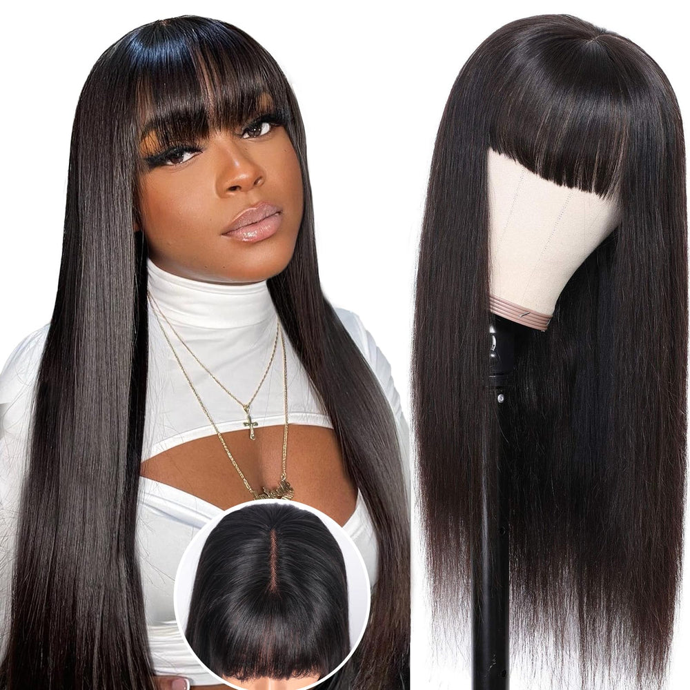 Ruiyu straight human hair wig with bangs, front view, ready for natural daily style.