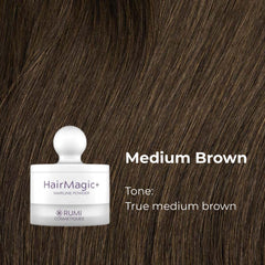 Rumi HairMagic+ natural finish blends with your shade for a seamless look.
