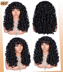 RunM black curly wig close up shows defined curls and heat resistant fibers