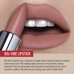 Runway Rogue 90s Vibe Booked Out lipstick swatch, rose-nude hydration.