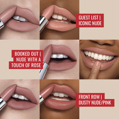 Runway Rogue 90s Vibe Front Row lipstick swatch, nude-pink with smooth wear.