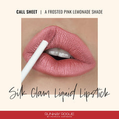 Runway Rogue Silk Glam Call Sheet application close-up showing long-wear frosted pink
