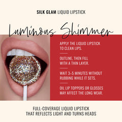 Runway Rogue Silk Glam frosted peach-nude shade highlights a luxe glow on lips.