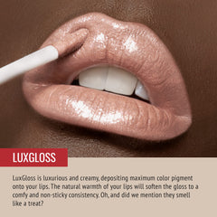 Runway Rogue LuxGloss Catwalk on lips with soft pink shimmer