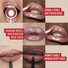 Runway Rogue LuxGloss Strike a Pose swatch on skin highlights shine and smooth texture.