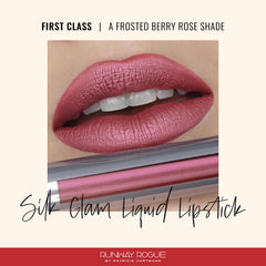 Runway Rogue Silk Glam First Class swatch on arm demonstrates frosted berry-rose color.