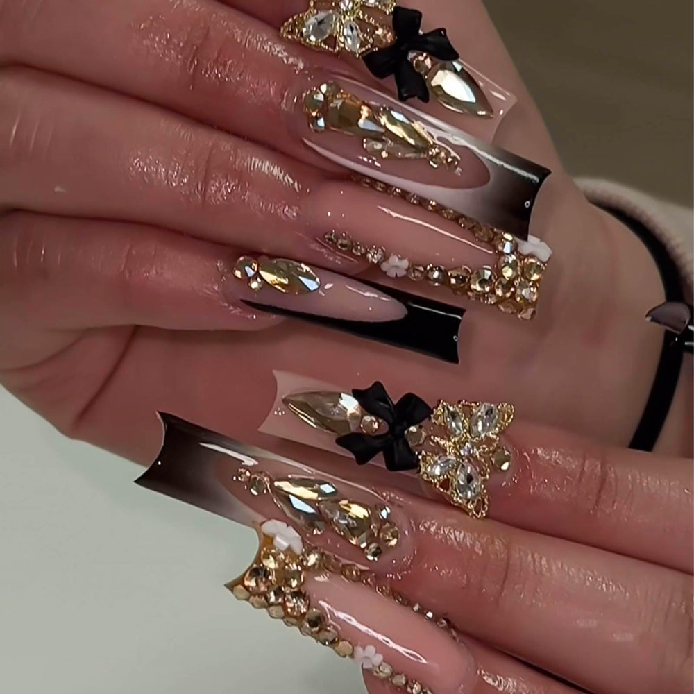 RUOKEXIN black French tip nails with gold 3D butterflies for glamorous at home nails