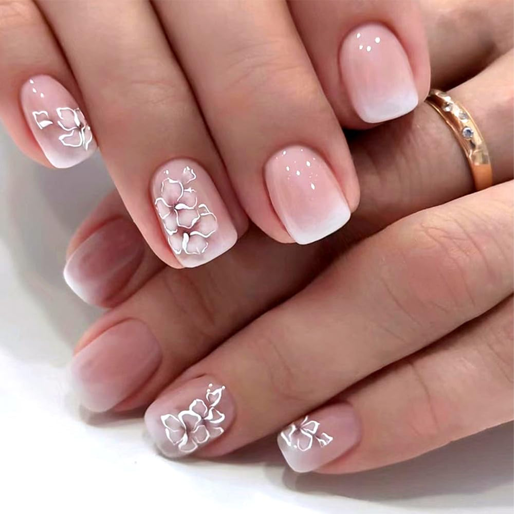 RUPOFUZA short press-on nails with floral gloss design for quick home manicure