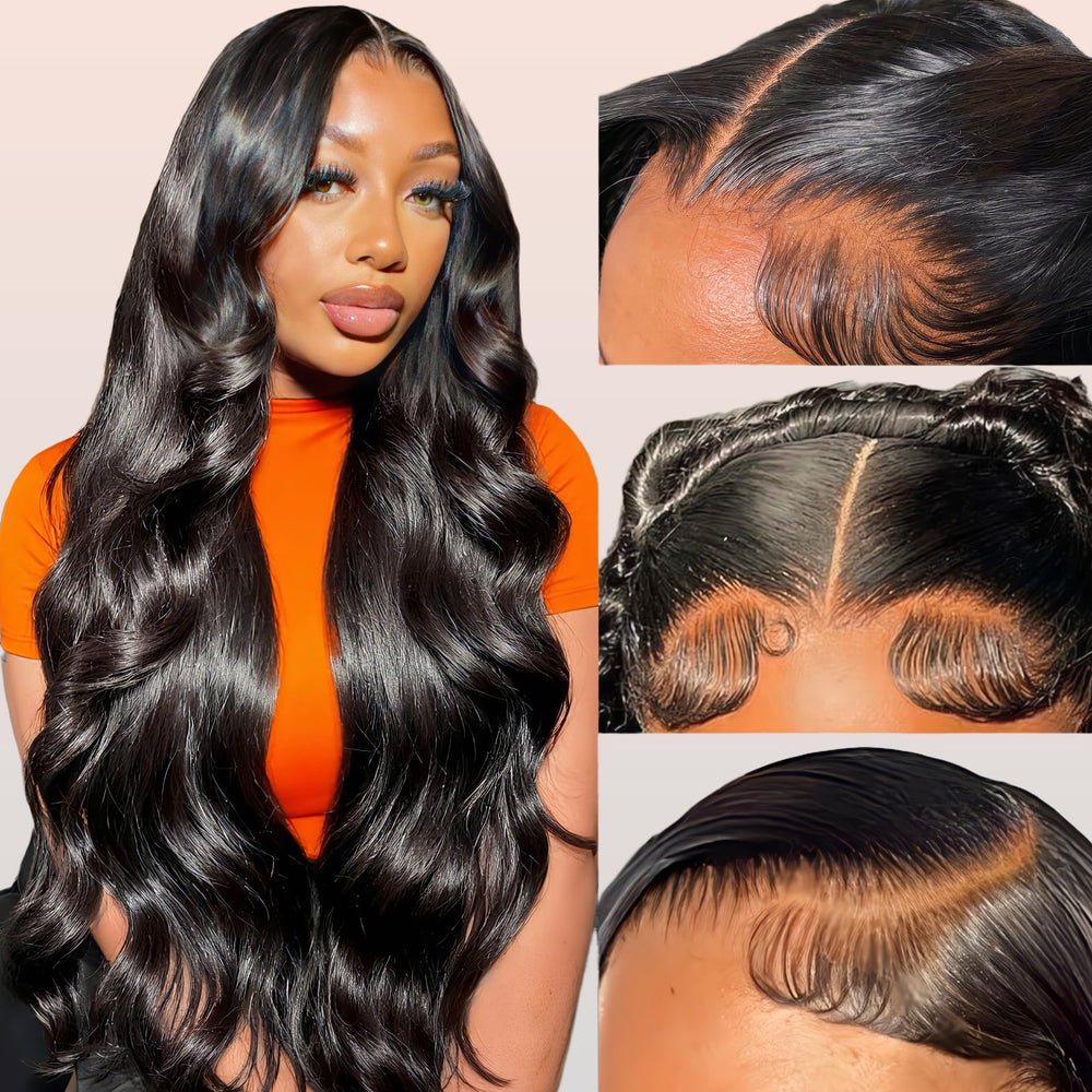 Rylice 13x4 HD lace-front wig on model, natural black body wave for everyday wear