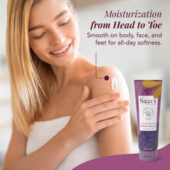 Hands applying Saavy Naturals body cream for smooth, soft skin.