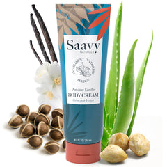 Saavy Naturals Tahitian Vanilla Body Cream packaging highlights premium, clean ingredients.