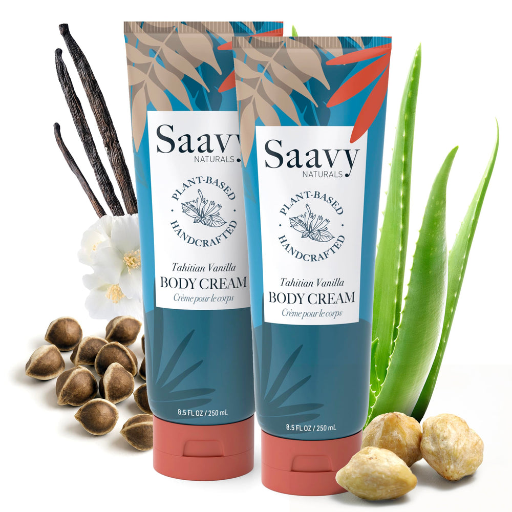 Saavy Naturals deeply hydrating body cream in a tub showing rich texture for dry skin