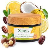 Saavy Naturals Whipped Body Butter in a 4 oz jar highlights velvety texture and deep hydration.