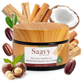 Saavy Naturals whipped body butter texture showing a light, fluffy cream for deep hydration.