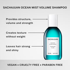 SACHAJUAN Ocean Mist Volume Shampoo label close-up highlighting volume.
