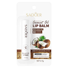 Sadoer Coconut Oil Lip Balm packaging close-up for on-the-go hydration.