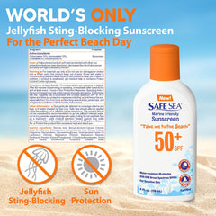 SAFE SEA sunscreen being applied by a family at the shoreline, waterproof protection for swimming