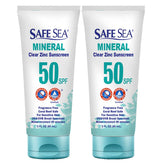Safe Sea zinc oxide sunscreen SPF 50 bottle with clear formula for face and body.