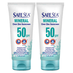 Safe Sea zinc oxide sunscreen SPF 50 bottle with clear formula for face and body.