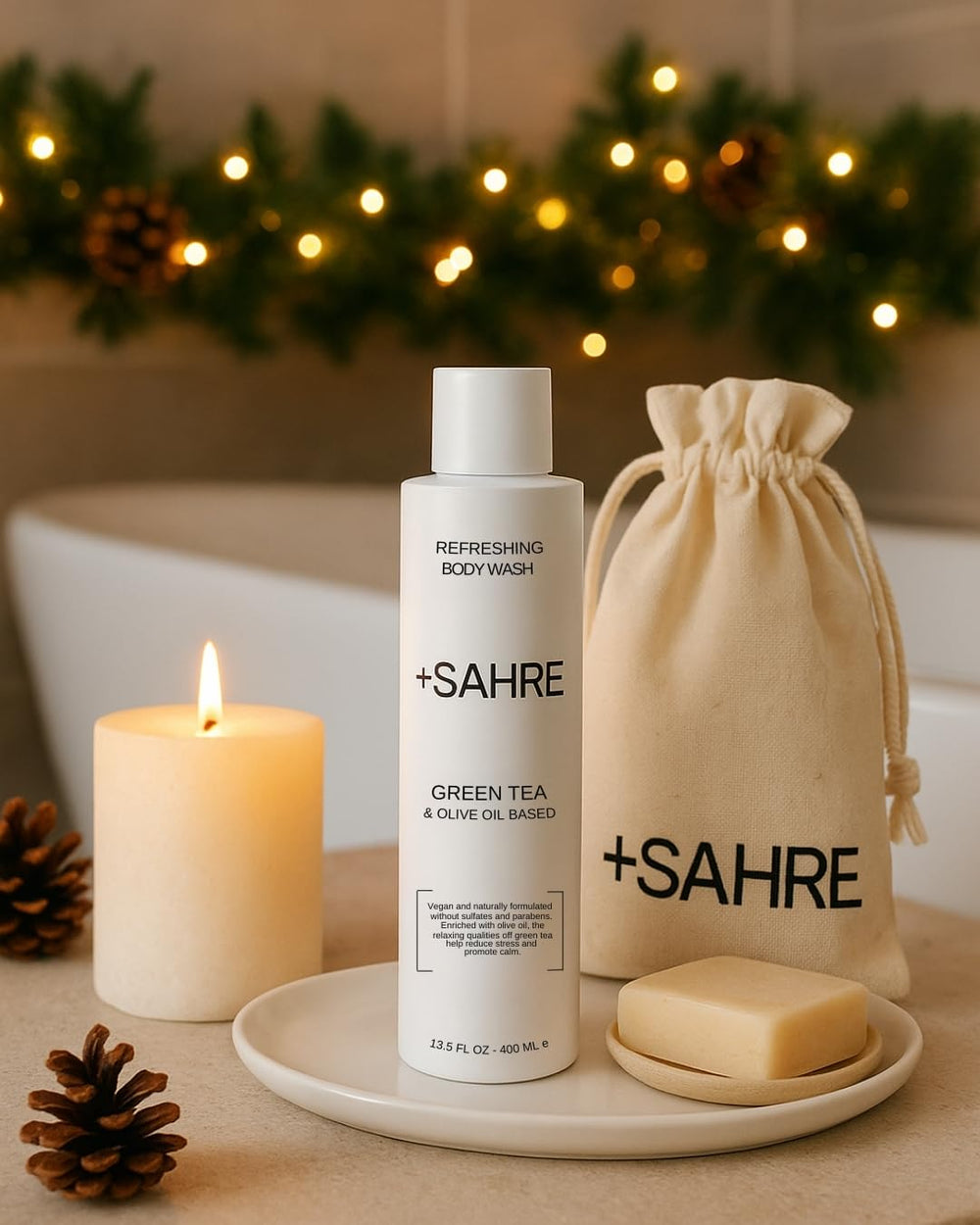 Sahre Natural Body Wash bottle pour showing olive oil benefits for moisturized skin