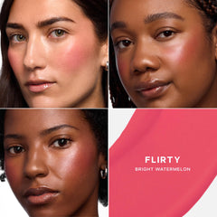 Saie Dew Liquid Blush swatch on cheek demonstrates natural flush and blendable color