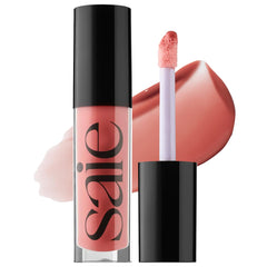 Saie Glossybounce bottle closeup highlights ultra-shine and hydrating lip care.