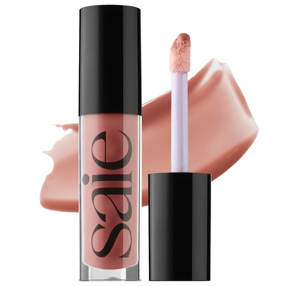Saie Glossybounce bottle pour displaying high-shine, hydrating gloss-oil.