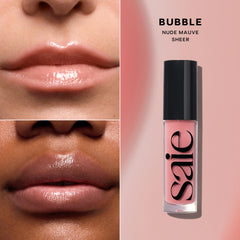 Saie Glossybounce doe-foot applicator for even distribution and juicy lips.