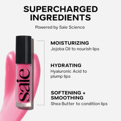 Saie Glossybounce swatch of sheer shades on lips for natural color.