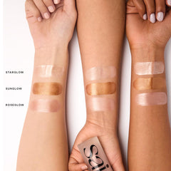 Saie Mini Glowy Roseglow trio pack delivers rosy luminosity with buildable sheen.