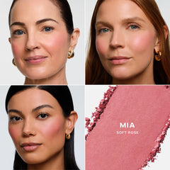 Saie SuperSuede baked blush on apples of cheeks for soft, buildable color.