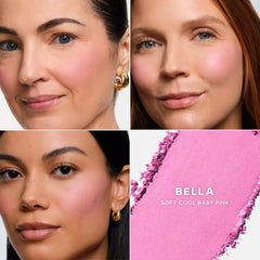 Saie SuperSuede Baked Blush compact open highlights easy access and graceful color payoff.