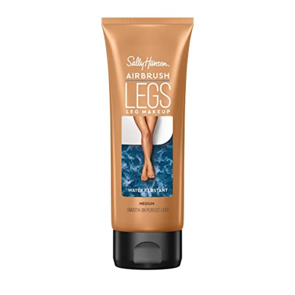 Sally Hansen Airbrush Legs medium bottle pump demonstrates quick-drying leg makeup for a seamless finish.