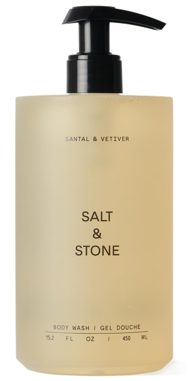 Salt & Stone Santal & Vetiver bottle pour shows rich lather for nourished skin.