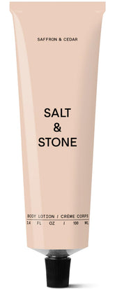 Salt & Stone body lotion bottle with saffron cedar scent and hydrating feel.