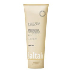 Saltair KP Body Scrub bottle close-up, fragrance-free formula notes for sensitive skin.